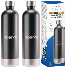 FIZZIT™ Stainless Steel Carbonation Bottle and Water Bottle | Compatible With Philips Carbonation Soda Maker and Aarke Soda Makers, Dishwasher Safe (Pack: 2 Pack, Color: Black)
